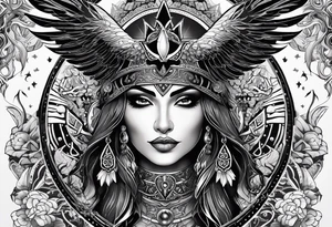 black kali, goddess pirate, pachamama, valkrye, warrior, skull, lotus azul, wing, eagle, zenza resonance, stars, one side chest tattoo idea