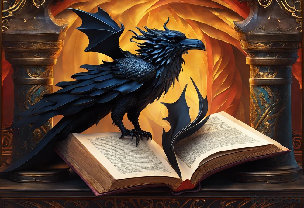 an open book with pages that appear to flutter. Above the book, a delicate small dragon silhouette, spirals in the air. To the right, a pawn chess piece stands proudly.  On the left corner of the book, a majestic raven perched, feathers ruffled by an unseen wind. Below, a vibrant cluster of lavender flowers blooms, with a charming bumblebee tattoo idea