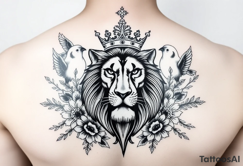 powerful majestic lion with a crown, surrounded by floral ornaments and birds tattoo idea