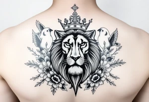 powerful majestic lion with a crown, surrounded by floral ornaments and birds tattoo idea