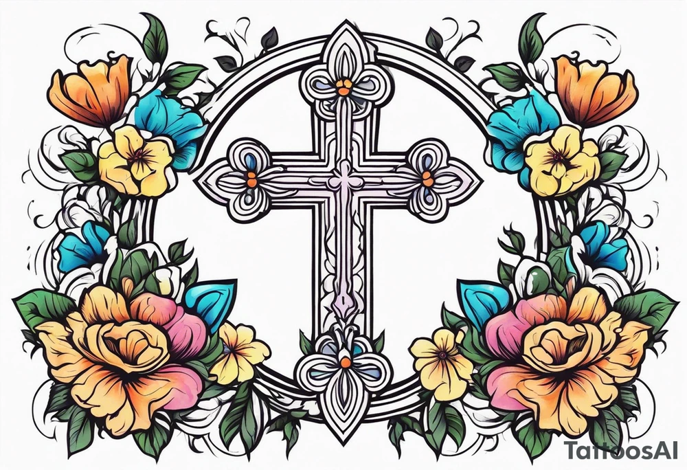 plain cross surrounded 
 with flowers and twisted around cross
 colorful tattoo idea