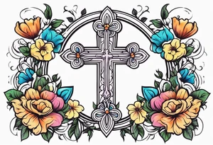 plain cross surrounded 
 with flowers and twisted around cross
 colorful tattoo idea