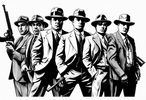group of gangsters standing together including Al Capone, John Dillinger, Machine Gun Kelley, Bonnie and Clyde along with tommy guns, gatling gun and sawed off shot guns with bullets flying tattoo idea