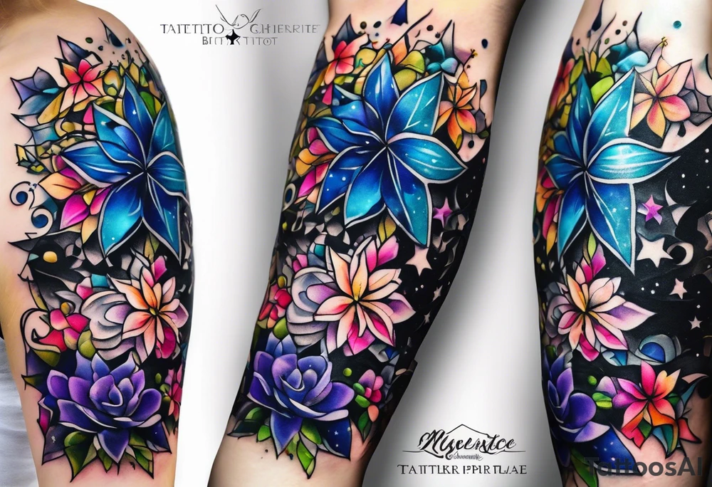 Delicate but strong garter tattoo band with sprinkles of stars and a amethyst, blue sapphire and peridot birthstone tattoo idea