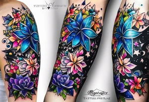 Delicate but strong garter tattoo band with sprinkles of stars and a amethyst, blue sapphire and peridot birthstone tattoo idea