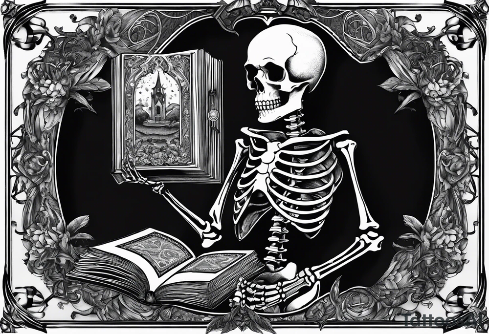 Gothic tarot card with a skeleton reading a book with a name plate “the reader” tattoo idea