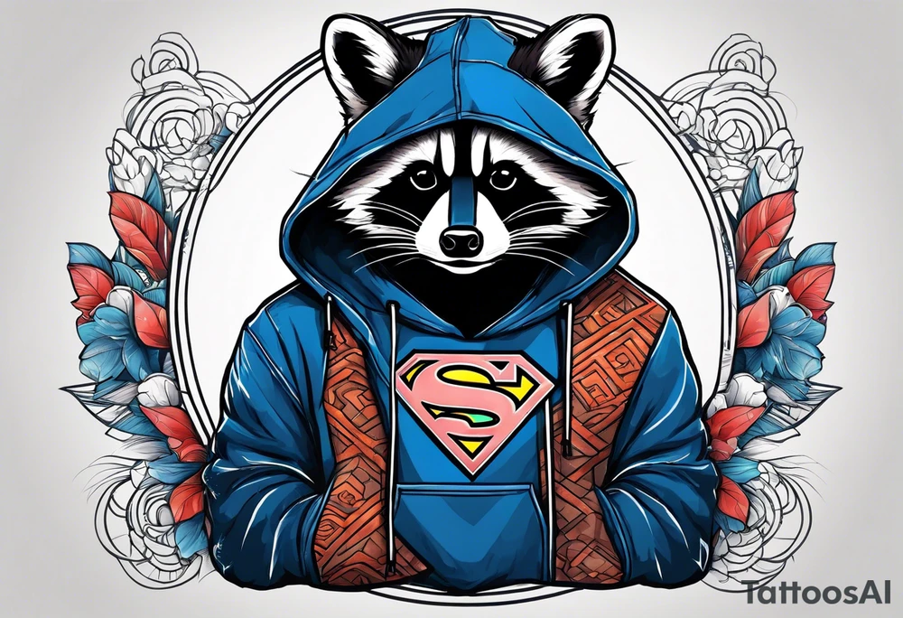 raccoon wearing a Superman hoodie tattoo idea