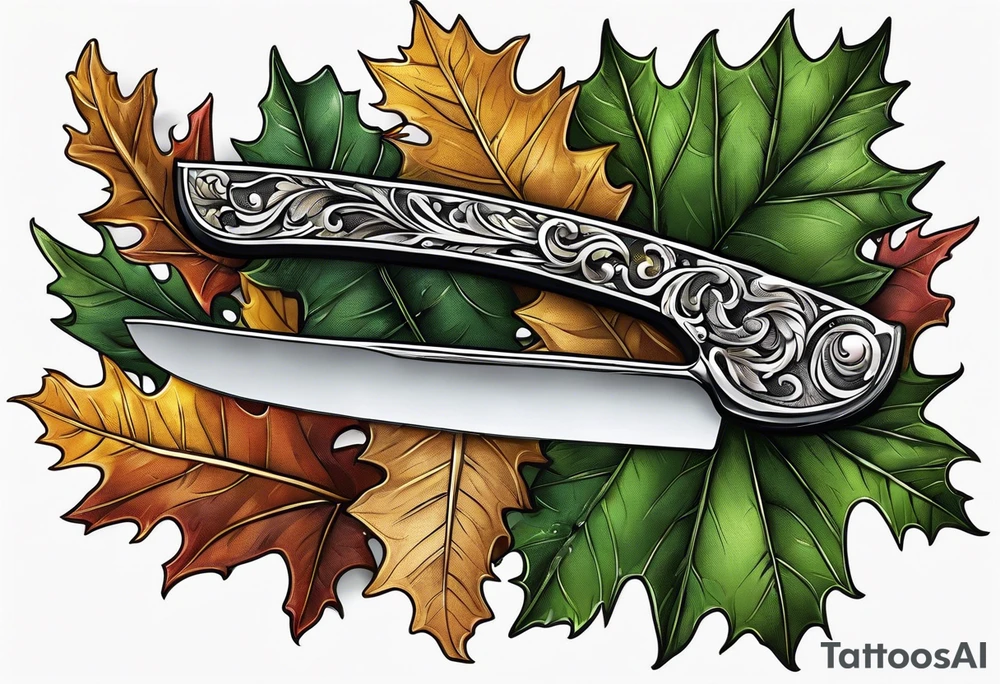 a straight razor lies in oak leaves. tattoo idea
