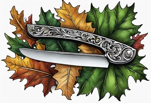 a straight razor lies in oak leaves. tattoo idea