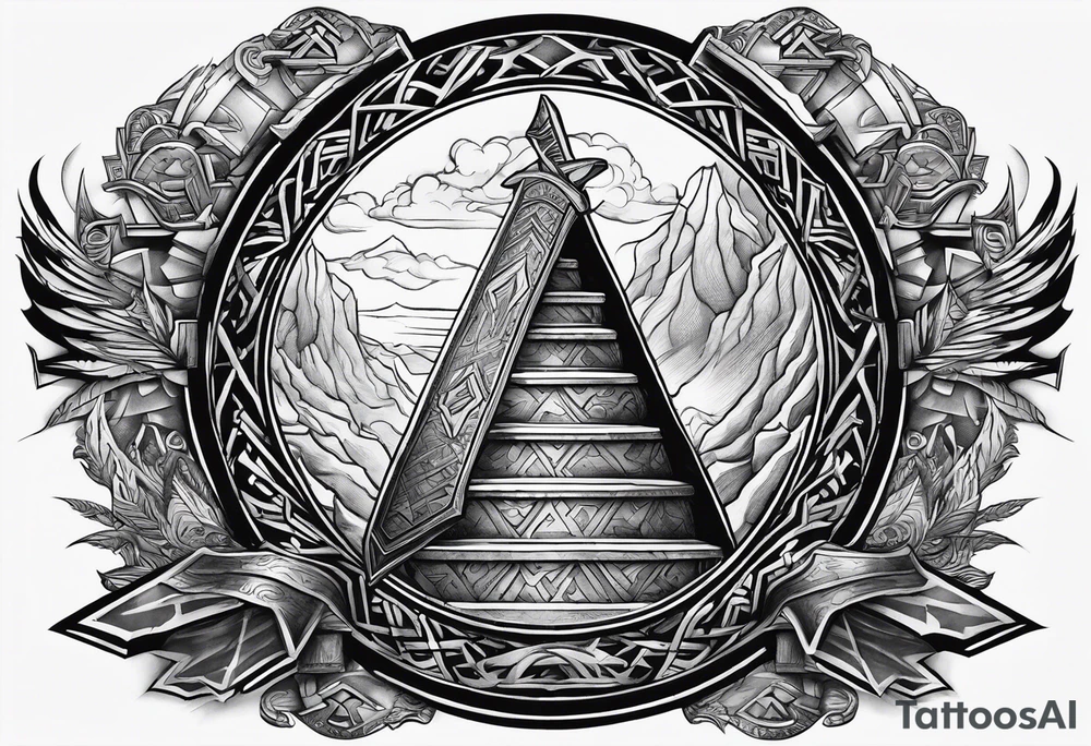 Valhalla stairs 
 sword shield  axe 
Valknut  ruins lightnings tattoo idea