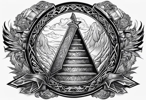 Valhalla stairs 
 sword shield  axe 
Valknut  ruins lightnings tattoo idea