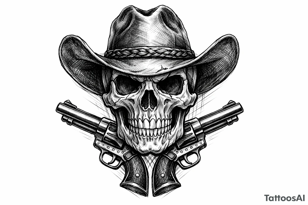 Engraved skull with a cowboy hat, pistols framing its jawline. tattoo idea