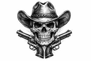 Engraved skull with a cowboy hat, pistols framing its jawline. tattoo idea