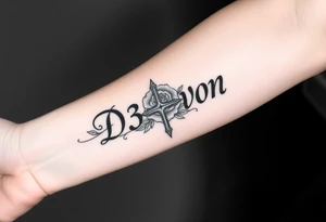 Name D3von with a rose and cross in the middle tattoo idea