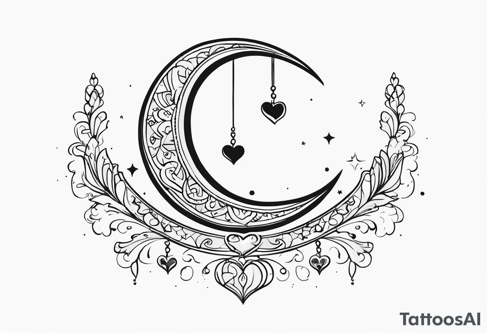 Crescent moon with hearts dangling from the bottom of it tattoo idea