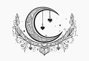 Crescent moon with hearts dangling from the bottom of it tattoo idea