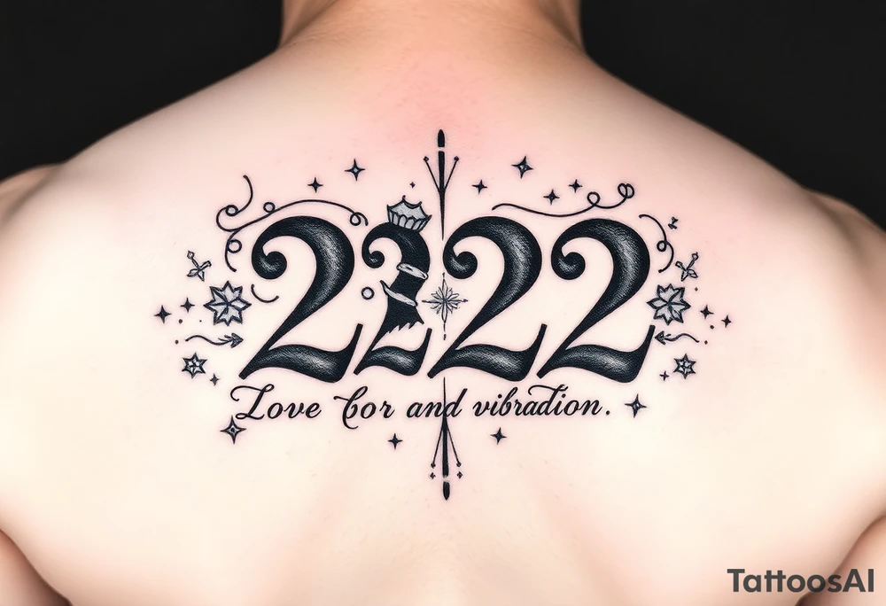 Bold 222 surrounded with love and stardust and vibration tattoo idea