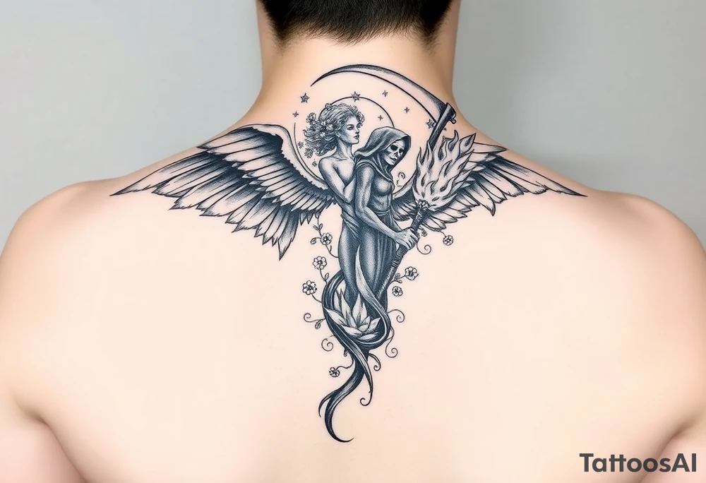 Forearm tattoo design. A stunning female figure, split down the middle vertically. One half is a beautiful, serene angel with large, soft wings, surrounded by a small, flourishing tree and delicate flowers. The other half is a menacing grim reaper or demon, holding a scythe, with fierce flames engulfing its side. Intricate, swirling patterns flow around both halves, blending the two sides. Realistic, highly detailed, black and grey tattoo style, strong contrast. tattoo idea