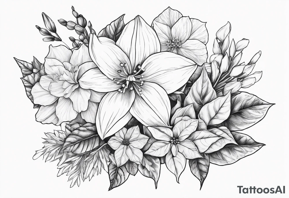 Narcissus, Poinsettia, Holly, Gladiolus, Poppy, Daisy, Sweet Pea and Hydrangea Floral Bouquet tattoo idea