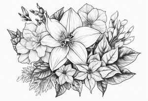 Narcissus, Poinsettia, Holly, Gladiolus, Poppy, Daisy, Sweet Pea and Hydrangea Floral Bouquet tattoo idea