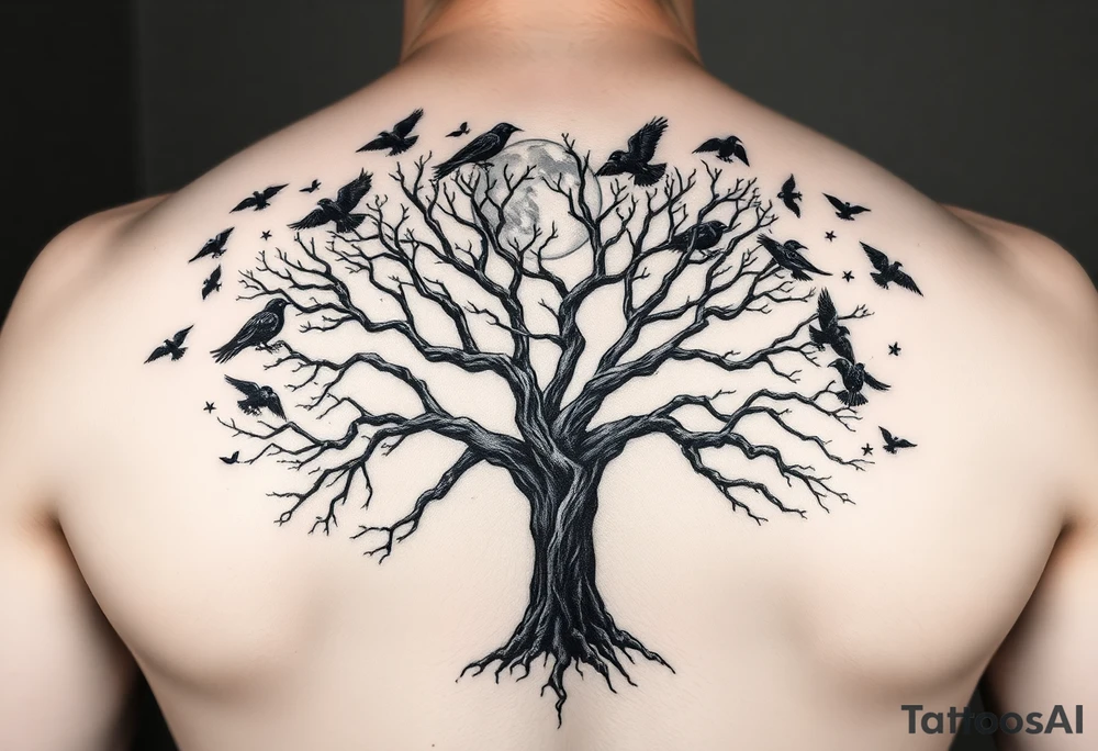 A very realistic, large tree of life that is bare with lots of crows flying  above it a moon that’s behind that covers my whole back and two Viking hatches that would go across my shoulder blades. This is a backpiece. tattoo idea