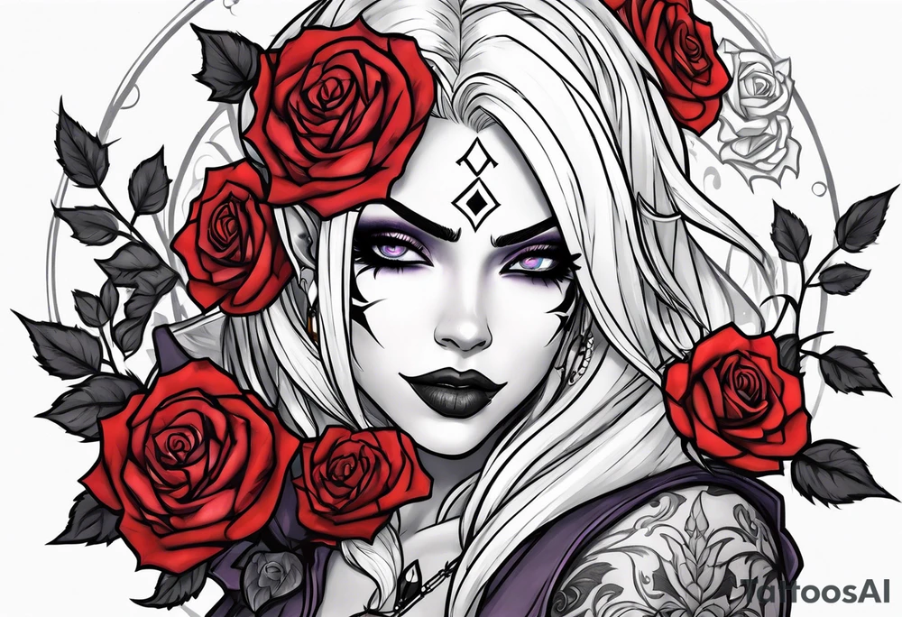 night elf from world of warcraft designed like harley quin with white hair and roses tattoo idea