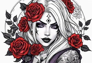 night elf from world of warcraft designed like harley quin with white hair and roses tattoo idea