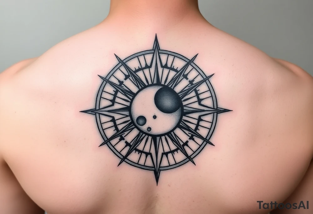 Compass with no declination marks shaped like a sun with a moon at the center of the image tattoo idea