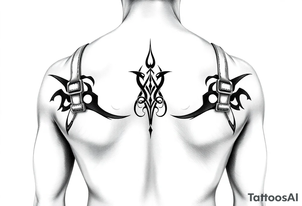 straps around arms and shouldrs with tribal design tattoo idea