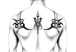 straps around arms and shouldrs with tribal design tattoo idea