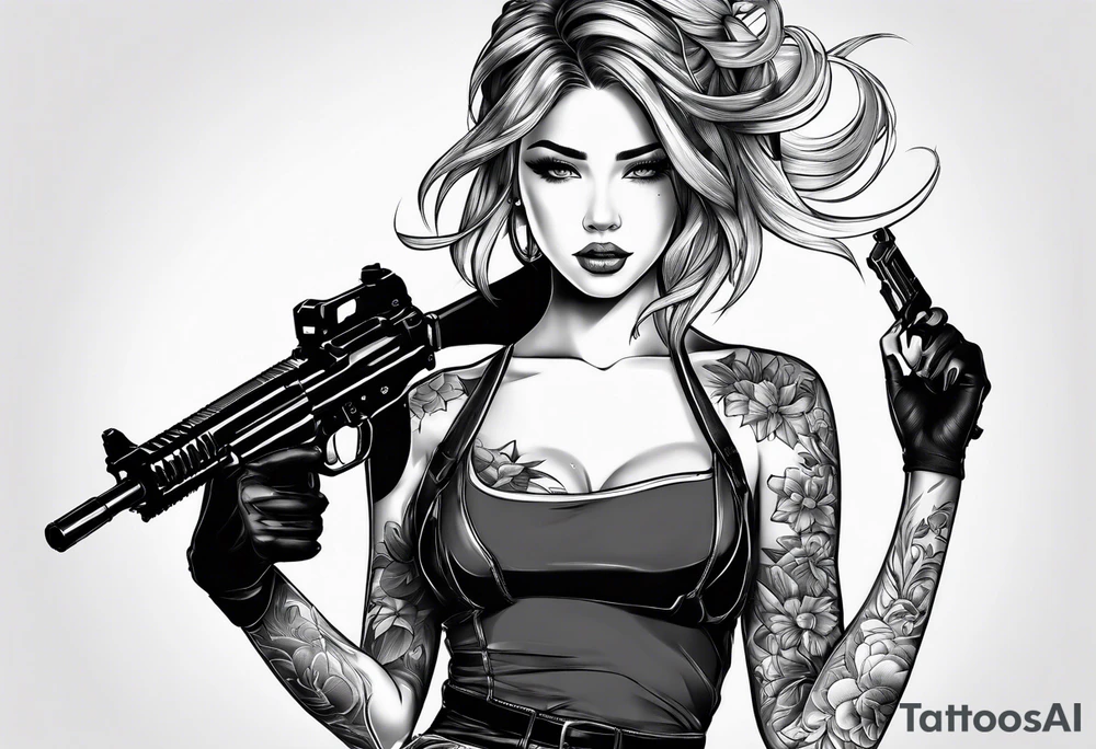 plynesian girl plays with gun tattoo idea