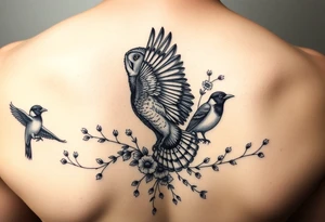 A british barn owl and 2 magpies, entwined by rowan tree branches, berries and florals. In fineline and dotwork. The owl should be in flight tattoo idea