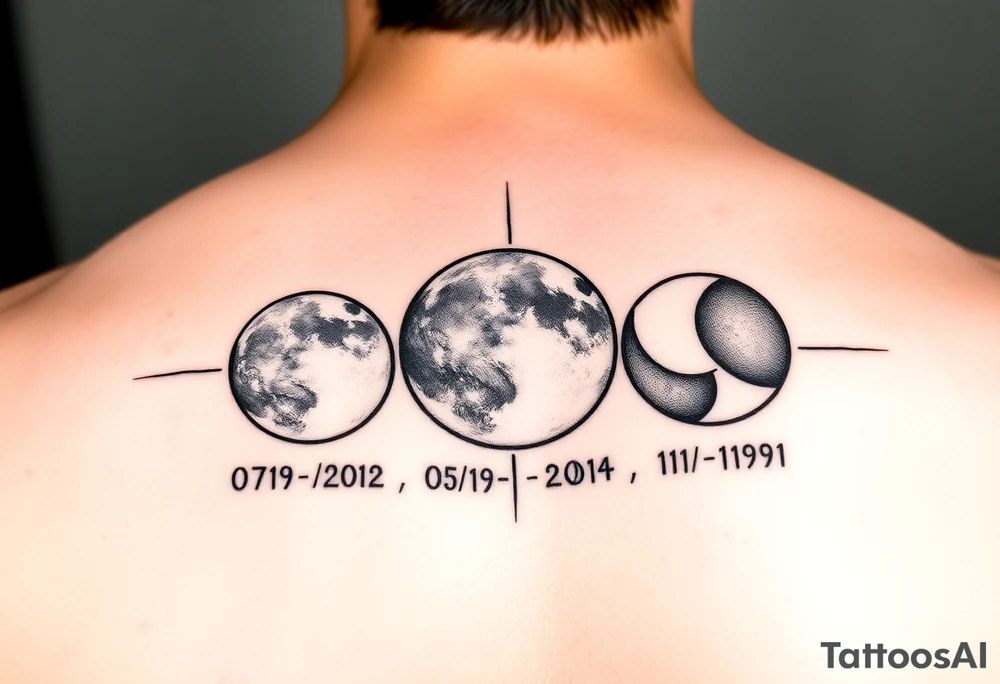 moon phases for 07/19/2012, 05/26/2014, and 11/05/1991 tattoo idea