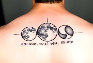 moon phases for 07/19/2012, 05/26/2014, and 11/05/1991 tattoo idea