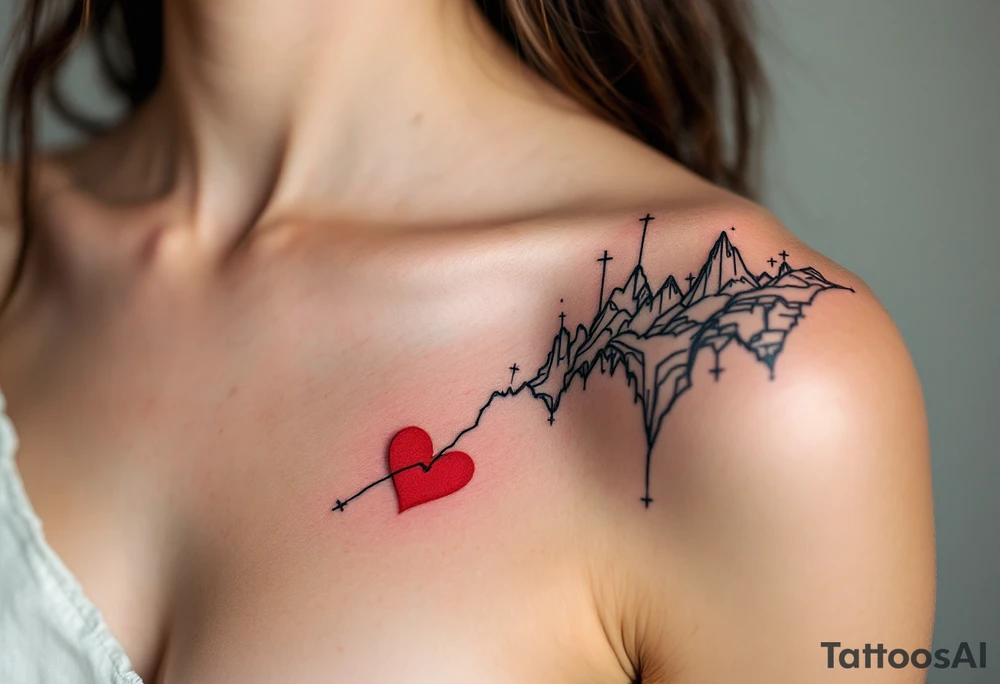 Black fine-line coordinates on both partnes shoulders with a tiny red heart on the collarbone mark where your love began. tattoo idea