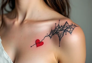 Black fine-line coordinates on both partnes shoulders with a tiny red heart on the collarbone mark where your love began. tattoo idea