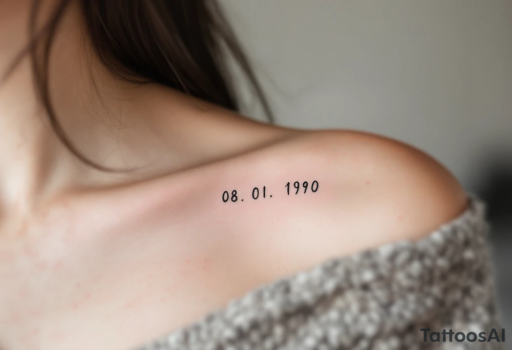 Handwritten-style 08.01.1990 on the collarbone in soft gray with a pale pink underline. tattoo idea