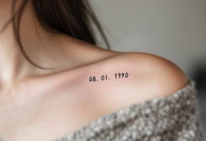 Handwritten-style 08.01.1990 on the collarbone in soft gray with a pale pink underline. tattoo idea