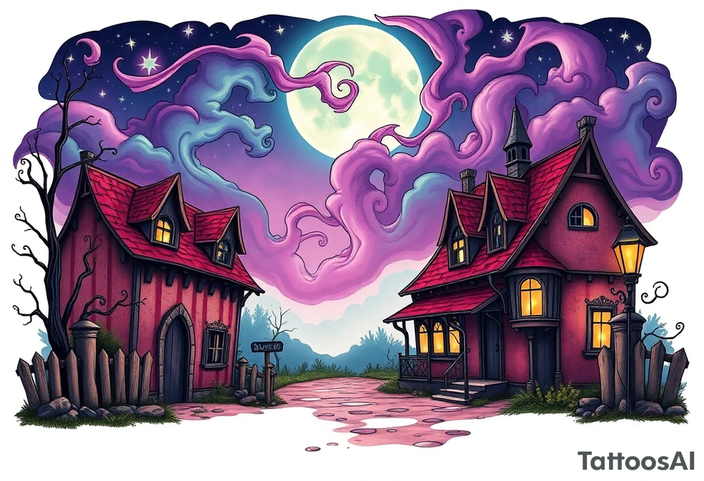 Tim Burton’s sleeping beautys cottage from outside view is the street abandoned and dripping with muted reds, dusty pinks, and eerie green glow purple and cyan smokey clouds swirl and dance in the moonlit night sky filled with twinkling stars  tattoo idea tattoo idea