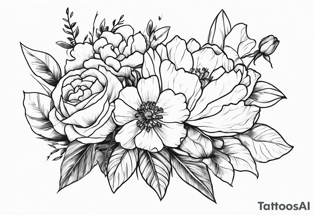 flower bouquet with a peony, larkspur, rose, and daffodil tied with a bow tattoo idea