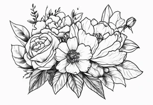 flower bouquet with a peony, larkspur, rose, and daffodil tied with a bow tattoo idea