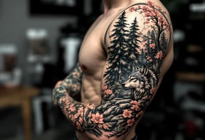 evergreen forest with sakura trees and wolf tattoo idea