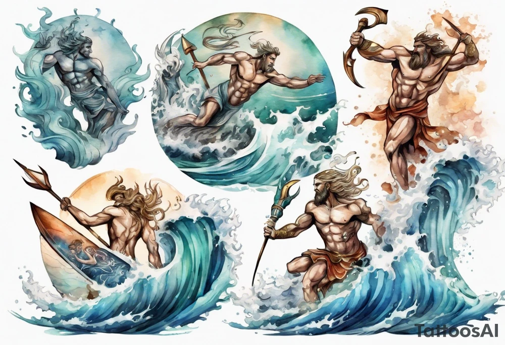 Ancient Greek gods of the sea fighting with surfer  and trident tattoo idea
