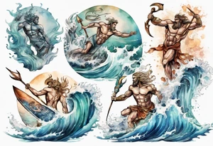 Ancient Greek gods of the sea fighting with surfer  and trident tattoo idea