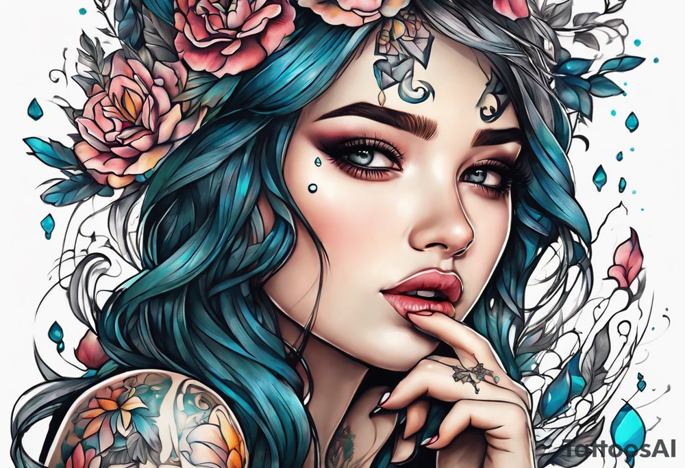 girl making a wish with tears in her eyes. broken pictures and coupled paper next to her tattoo idea