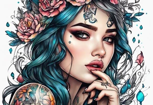 girl making a wish with tears in her eyes. broken pictures and coupled paper next to her tattoo idea