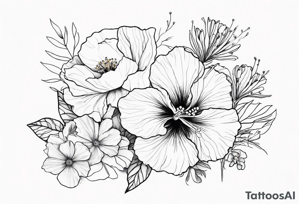 Hibiscus with wildflowers, poppy, complimentary flowers, bees, peony, forearm tattoo idea