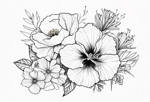 Hibiscus with wildflowers, poppy, complimentary flowers, bees, peony, forearm tattoo idea