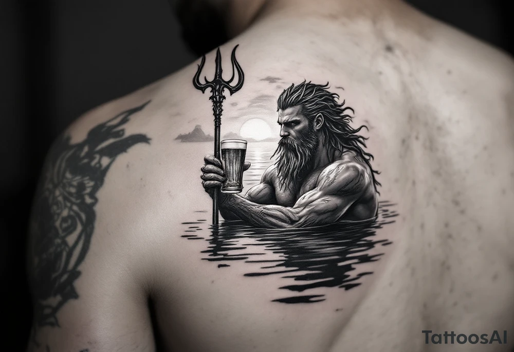 young, fit poseidon in calm water, holding a trident, drinking a beer, with sunset tattoo idea