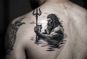 young, fit poseidon in calm water, holding a trident, drinking a beer, with sunset tattoo idea